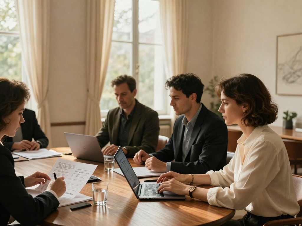 Consultants reviewing business data together in a sunlit strategy session